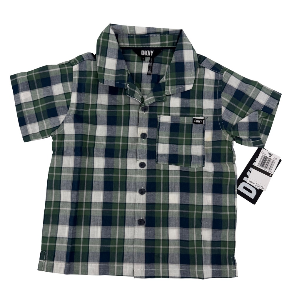 DKNY Cotton Plaid Shirt Boys Green Navy Short Sleeve Button Down Size 4 NWT